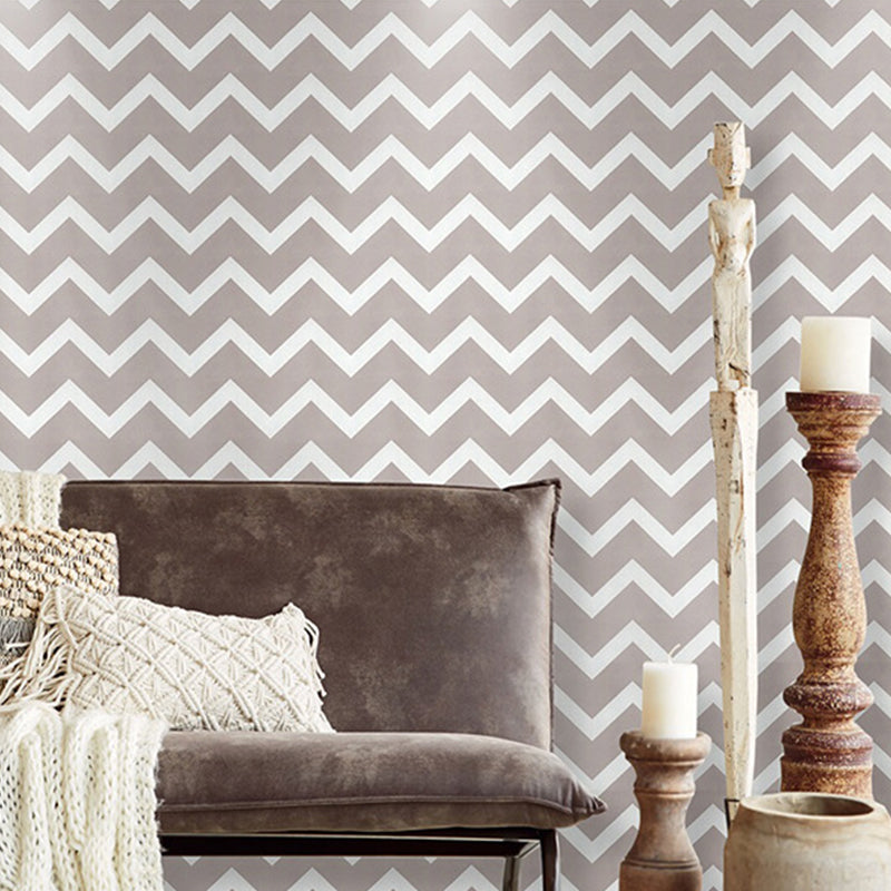 Non-Pasted Wallpaper with Grey and White Wave Stripes of Chevron Design, 33'L x 20.5"W