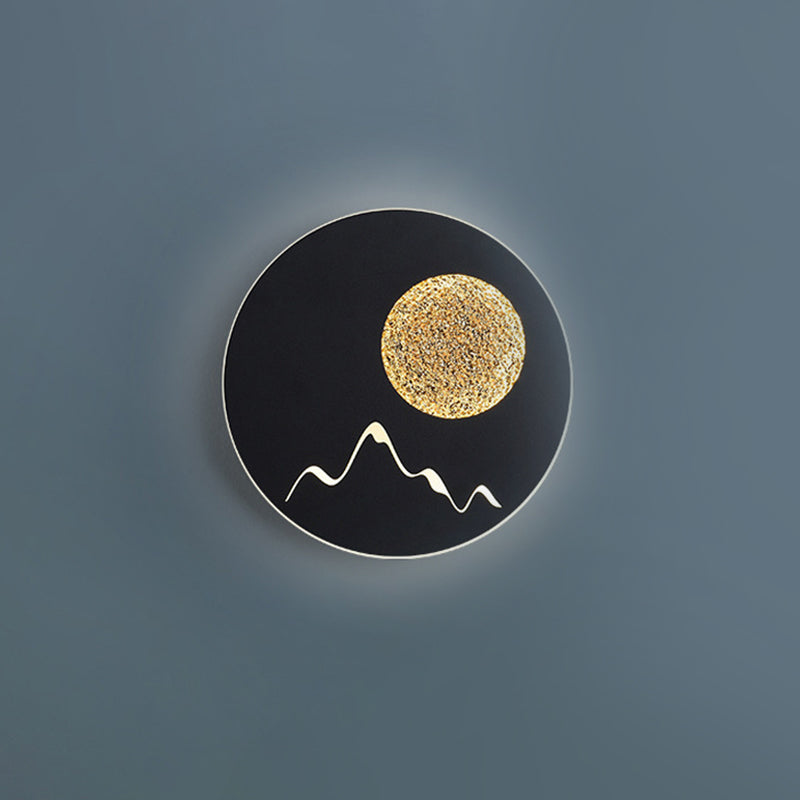 Mini Round/Square Thin LED Flush Mount Nordic Metal Bedroom Wall Light Sconce in Black/White/Grey with Full Moon-Mountain Pattern
