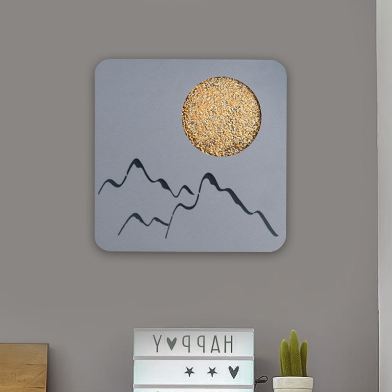 Mini Round/Square Thin LED Flush Mount Nordic Metal Bedroom Wall Light Sconce in Black/White/Grey with Full Moon-Mountain Pattern