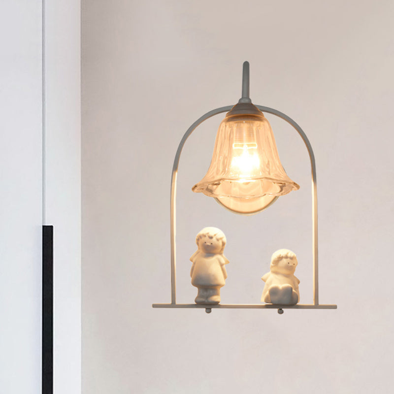 White Arched Frame Pendulum Light Nordic 1 Head Iron Pendant Lighting with Flower Glass Shade and Resin Angel Deco