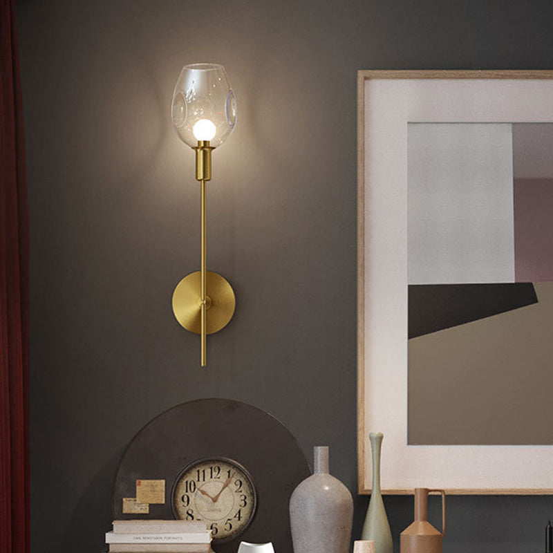 Dimpled Cup Clear Glass Wall Light Minimalist Single Gold Sconce Lamp with Pencil Arm for Hallway
