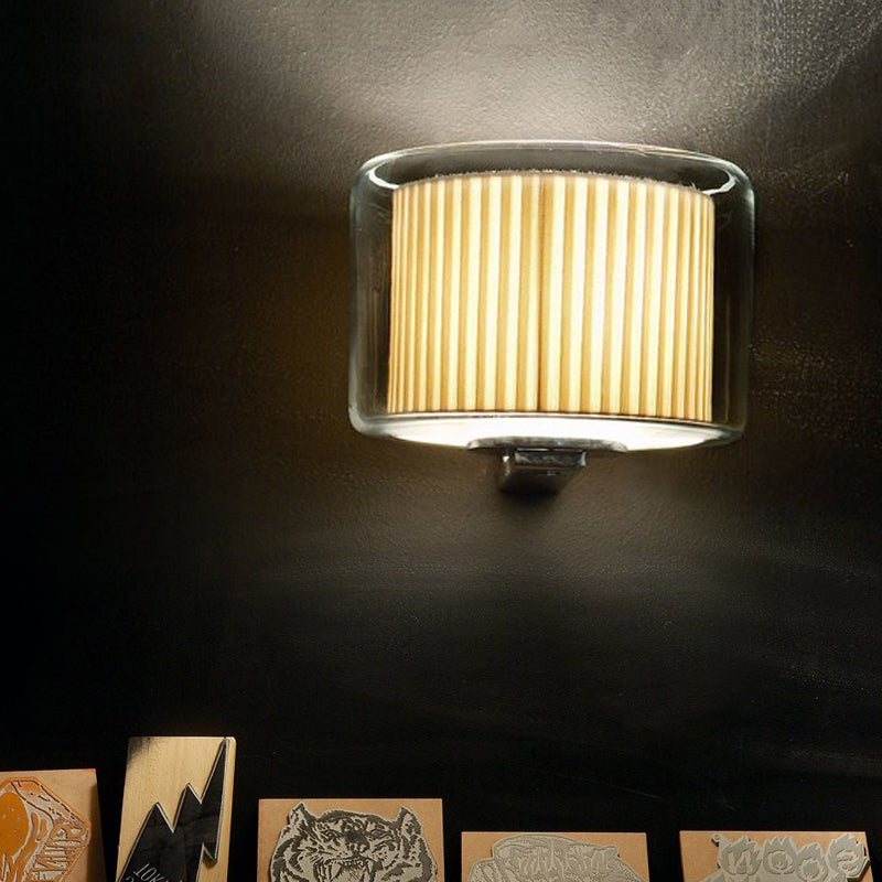 Beige Drum Wall Lamp Modernist 1 Head Pleated Fabric Sconce Light Fixture with Exterior Transparent Glass Shade