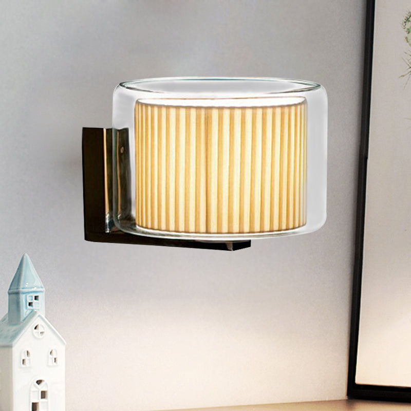 Beige Drum Wall Lamp Modernist 1 Head Pleated Fabric Sconce Light Fixture with Exterior Transparent Glass Shade