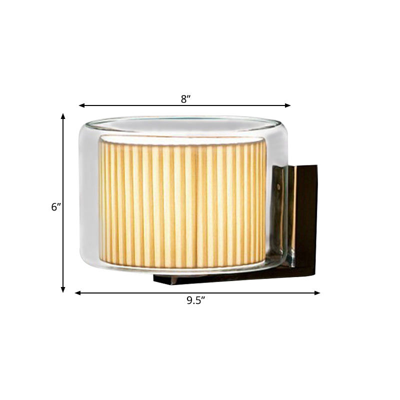 Beige Drum Wall Lamp Modernist 1 Head Pleated Fabric Sconce Light Fixture with Exterior Transparent Glass Shade