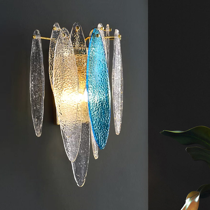 Layered Oval Flake Wall Lighting Ideas Retro Stylish Blue/Clear Seedy Glass 2-Light Parlor Sconce Lamp