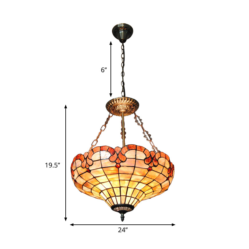 Traditional Tiffany Barn Suspension Light 3 Lights Shell Inverted Chandelier in Beige for Bedroom