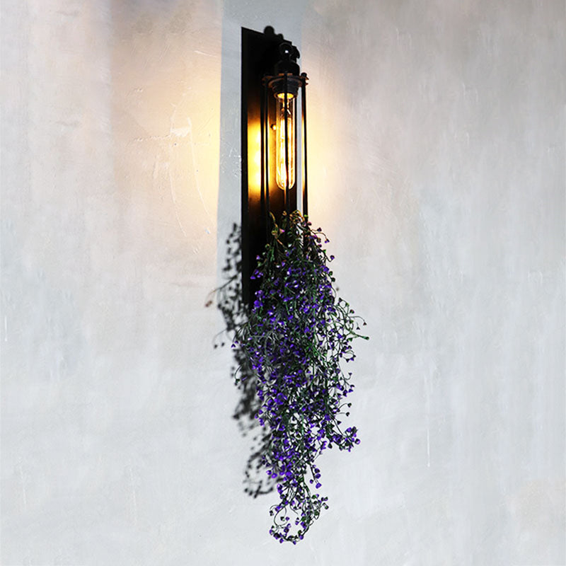 Tubular Cage Corridor Wall Lighting Farm Iron 1-Head Yellow and Green/White/Purple and White Wall Light Fixture with Artificial Flower