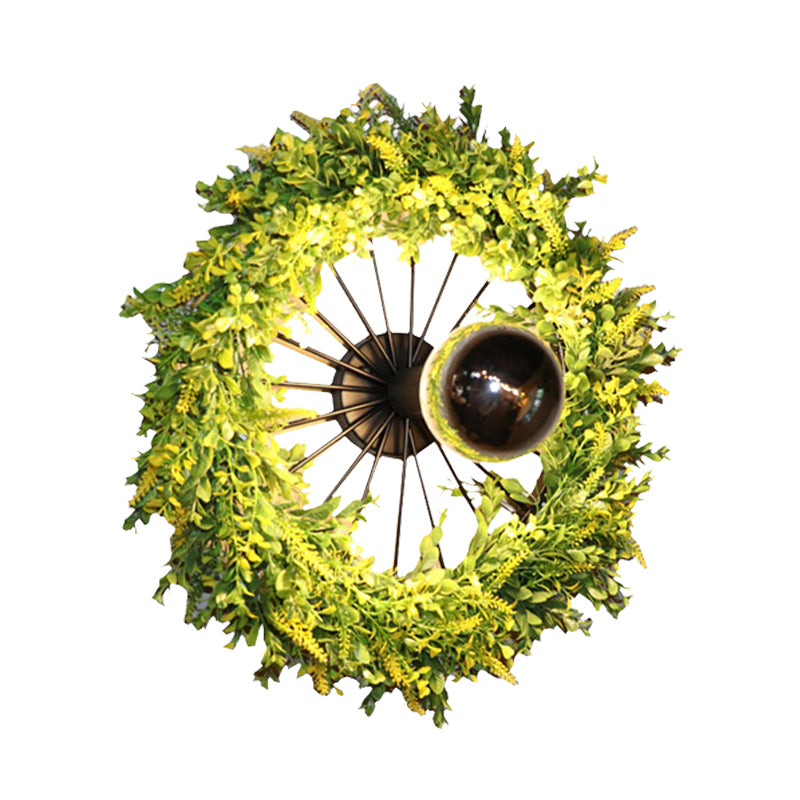 Green Wheel Wall Light Fixture Factory Iron 1 Bulb Restaurant Plant Wall Sconce Lighting Fixture, 16"/19.5" H