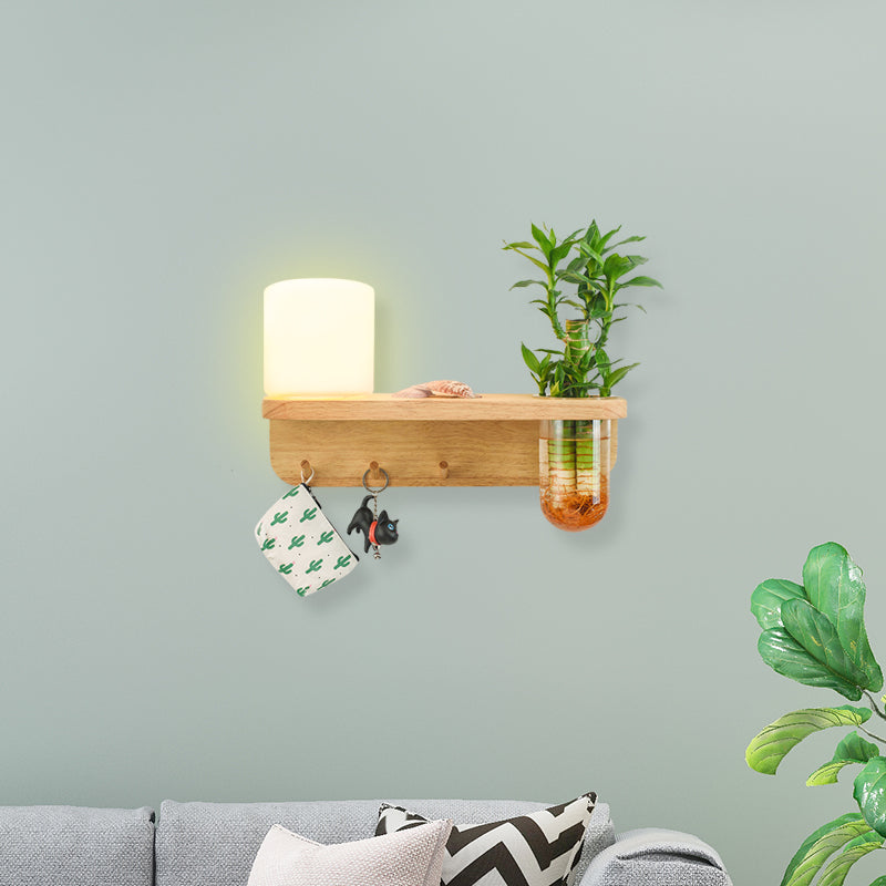 Frostedglas Holz Wandleuchte zylindrisch 1-Fulb Industriewandlampe mit Pflanzenbehälter