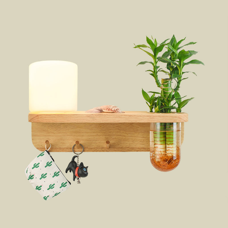 Frostedglas Holz Wandleuchte zylindrisch 1-Fulb Industriewandlampe mit Pflanzenbehälter