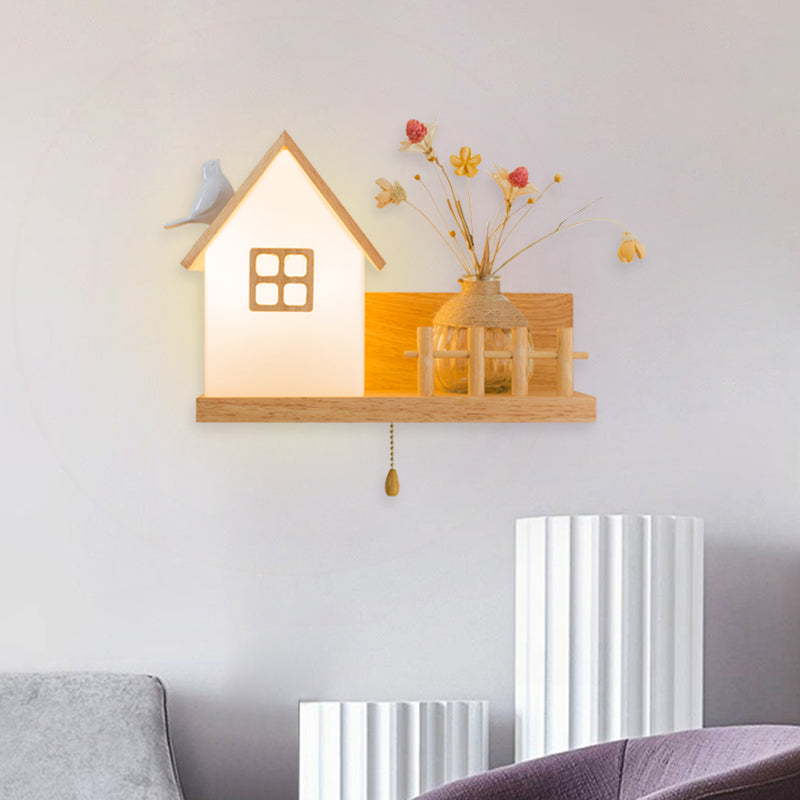 Wood 1 Light Wall Sconce Nordic Milky Glass Spiral/Cylinder/House Wall Mounted Light Fixture with Clear Glass Vase