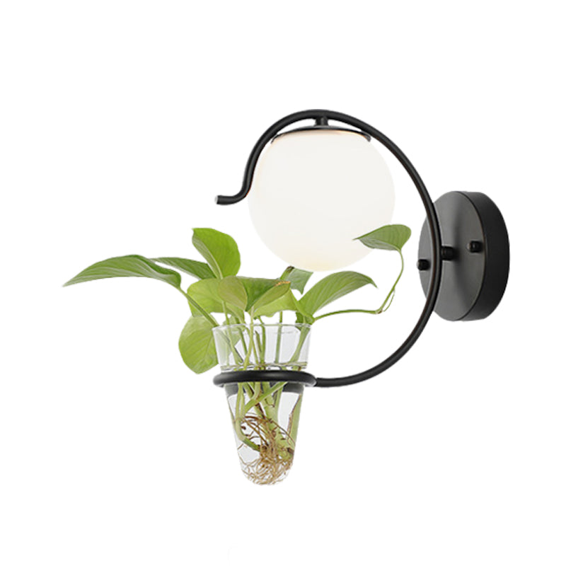 Cream/Smoke Gray Glass Orb Sconce Vintage 1-Bulb Bedroom Wall Lamp in Black/Gold with C-Shaped Arm and Plant Cup