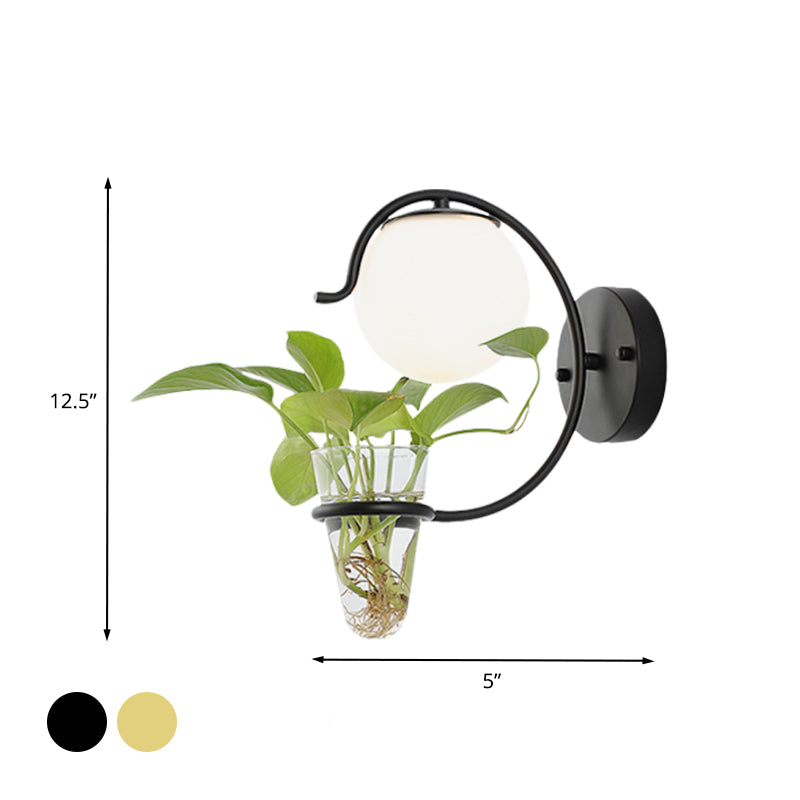 Cream/Smoke Gray Glass Orb Sconce Vintage 1-Bulb Bedroom Wall Lamp in Black/Gold with C-Shaped Arm and Plant Cup