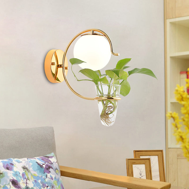 Cream/Smoke Gray Glass Orb Sconce Vintage 1-Bulb Bedroom Wall Lamp in Black/Gold with C-Shaped Arm and Plant Cup