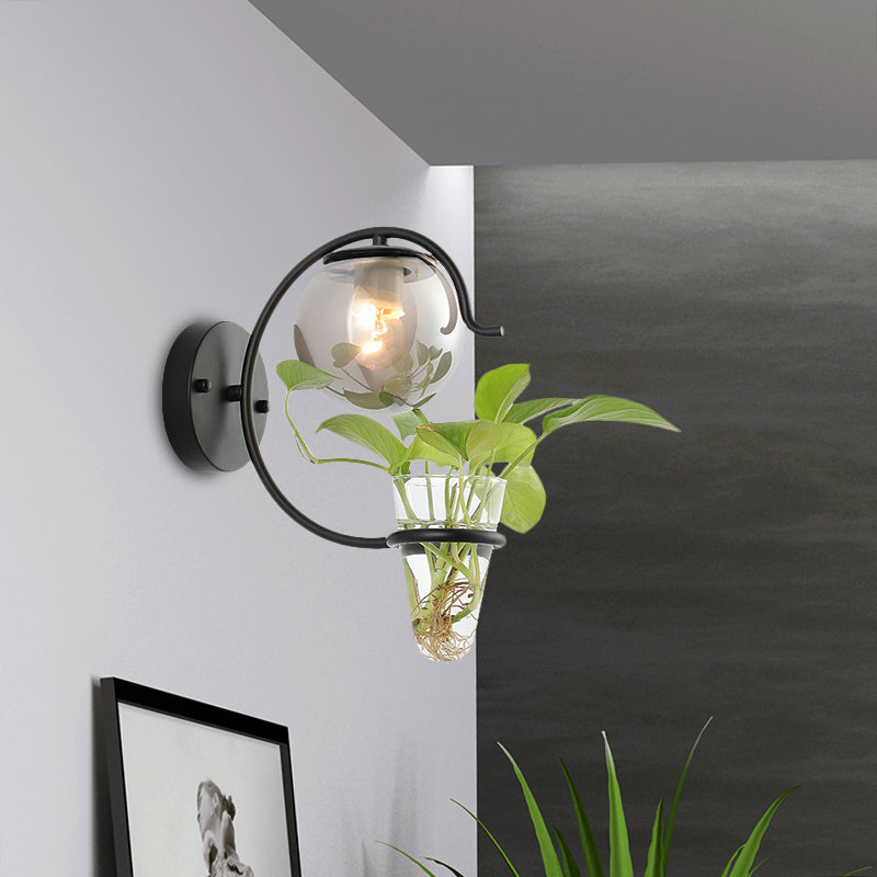 Cream/Smoke Gray Glass Orb Sconce Vintage 1-Bulb Bedroom Wall Lamp in Black/Gold with C-Shaped Arm and Plant Cup
