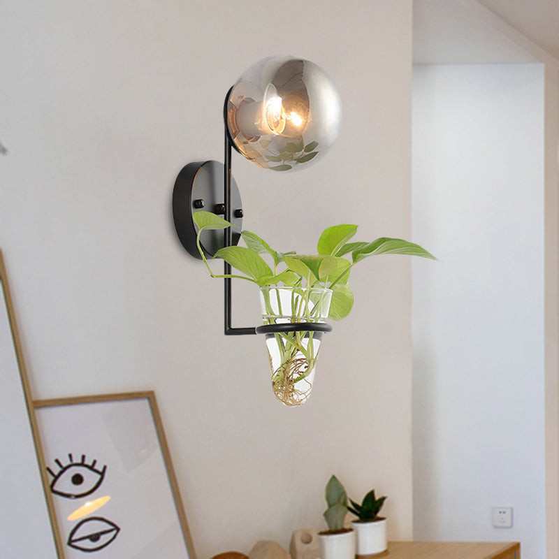 1 Bulb Sconce Lamp Industrial Global Cream/Smoke Gray Glass Wall Light in Black/Gold with Clear Glass Plant Cup