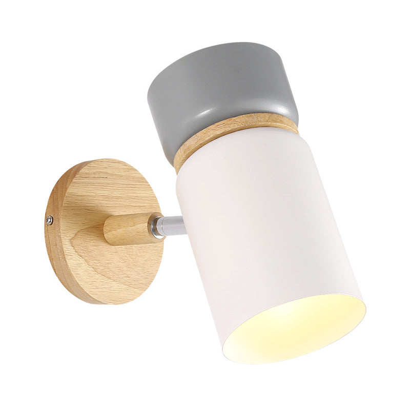 Grey-White Cylindrical Rotating Sconce Nordic Single Iron Wall Mounted Lamp with Wood Accent