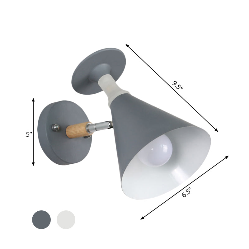 Rotatable Cone Wine Cup Wall Mounted Lamp Nordic Iron Single Bulb Grey/White Sconce Light with Wood Accent