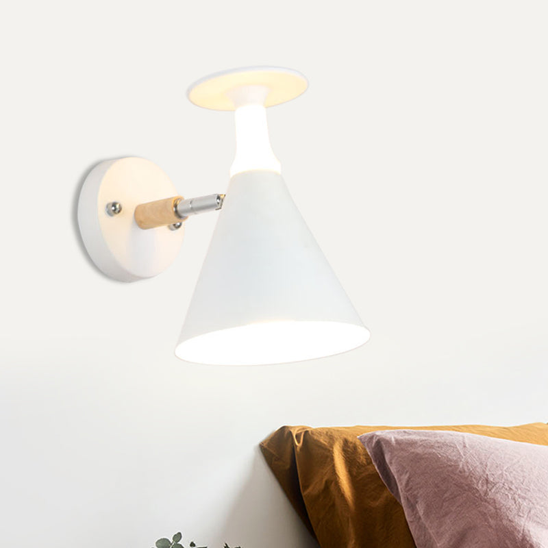 Rotatable Cone Wine Cup Wall Mounted Lamp Nordic Iron Single Bulb Grey/White Sconce Light with Wood Accent