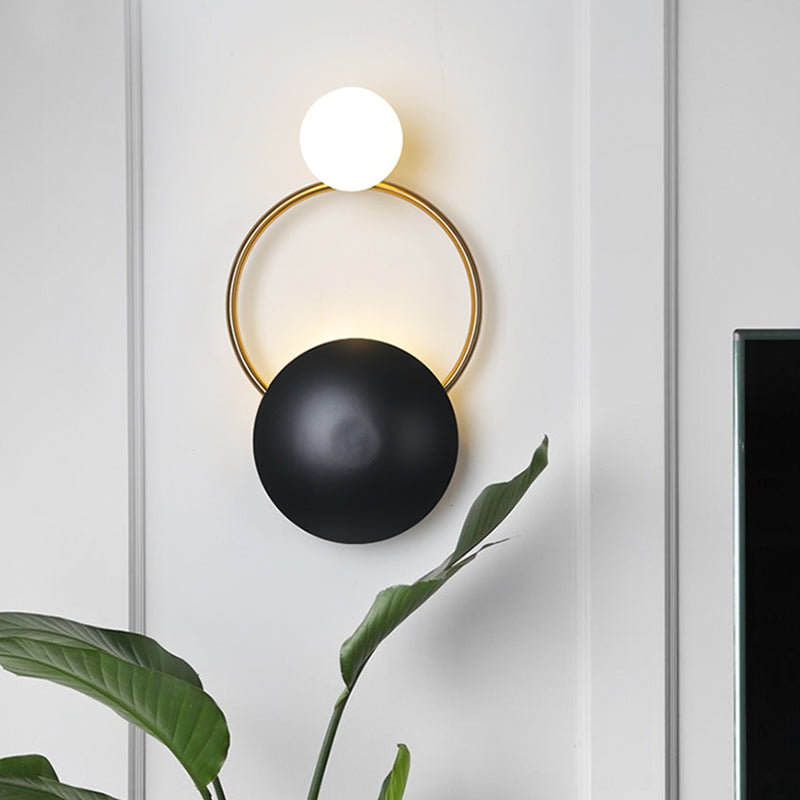 Postmodern Orbital Flush Mount Iron 2-Light Parlor Wall Sconce Light in Black-Gold with Orb Opal Glass Shade