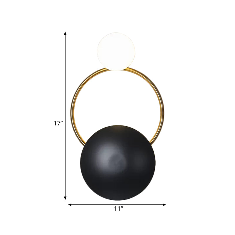 Postmodern Orbital Flush Mount Iron 2-Light Parlor Wall Sconce Light in Black-Gold with Orb Opal Glass Shade