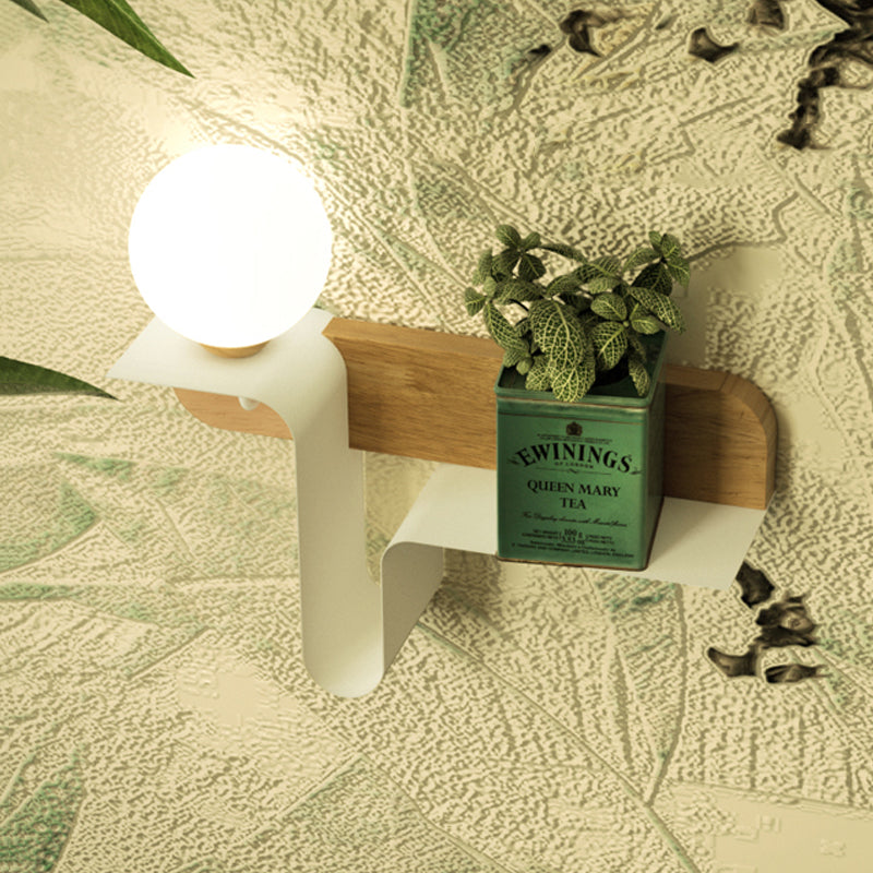 Orb Opal Frosted Glass Sconce Ideas Nordic 1 Bulb White-Wood Wall Mounted Lamp with Shelf, Left/Right