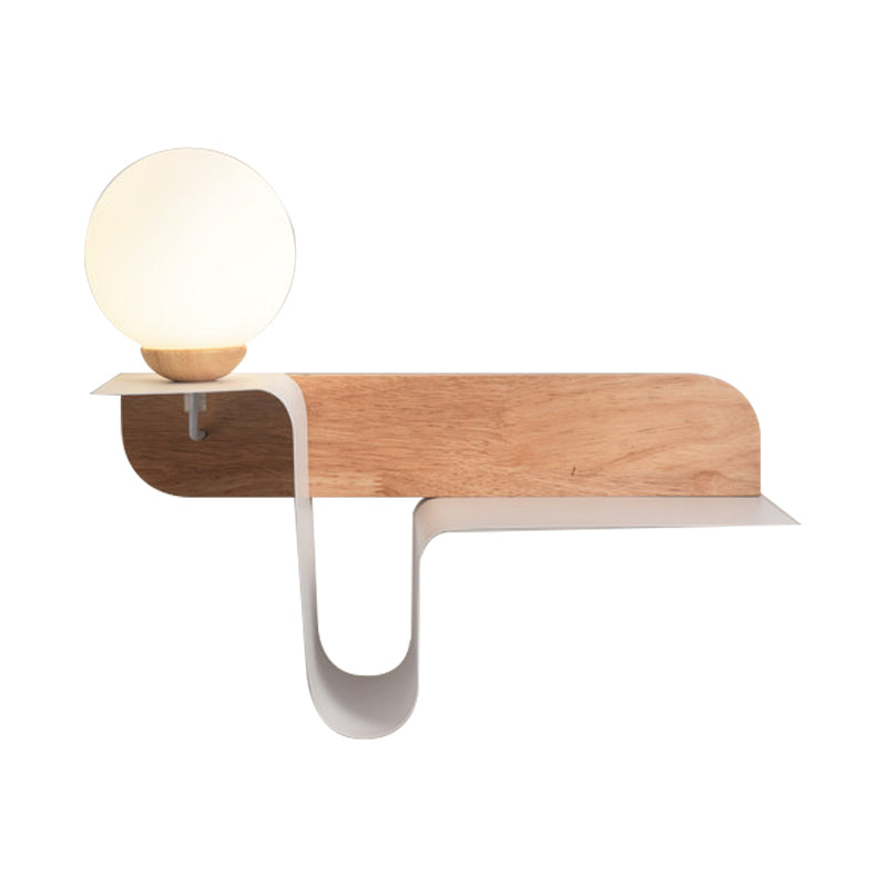 Orb Opal Frosted Glass Sconce Ideas Nordic 1 Bulb White-Wood Wall Mounted Lamp with Shelf, Left/Right