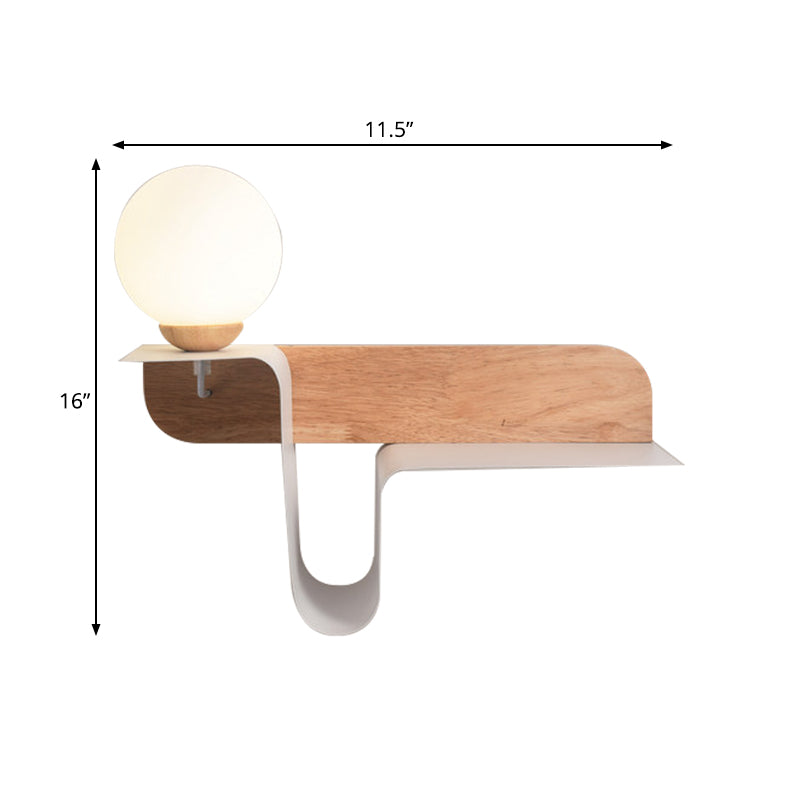 Orb Opal Frosted Glass Sconce Ideas Nordic 1 Bulb White-Wood Wall Mounted Lamp with Shelf, Left/Right