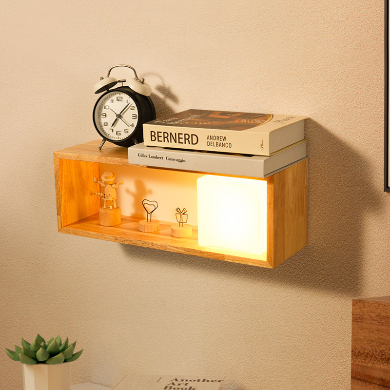 Fillet/Right Angle Rectangle Wall Lamp Nordic Wood 1 Head Bedside Flush Mount Wall Sconce with Rack Function