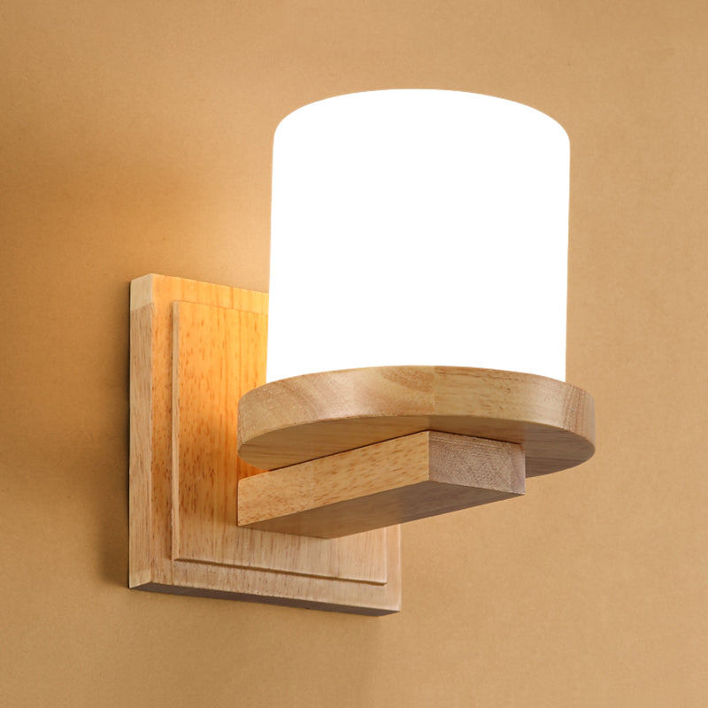 Nordic Pillar Opal Matte Glass Wall Lamp 1-Light Sconce Light Fixture with Wood Arm