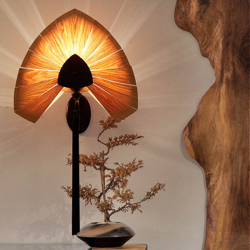 Wood Strap Cherry Sconce Light South East Asia 1-Light Beige Wall Mount Lamp with Tassel Fringe in Black