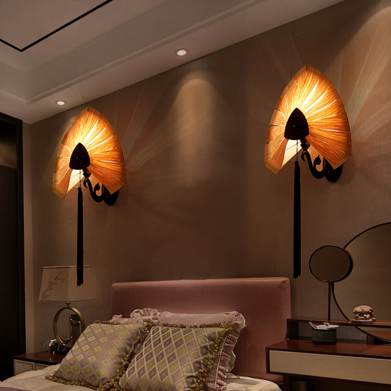 Wood Strap Cherry Sconce Light South East Asia 1-Light Beige Wall Mount Lamp with Tassel Fringe in Black