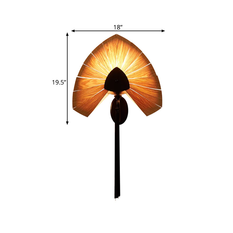 Wood Strap Cherry Sconce Light South East Asia 1-Light Beige Wall Mount Lamp with Tassel Fringe in Black