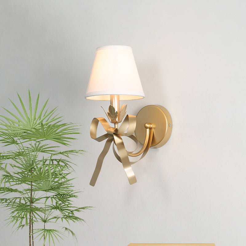 Gold Swag Sconce Lighting Contemporary 1 Bulb Metal Wall Mounted Lamp with Ribbon Decor and Fabric Lampshade