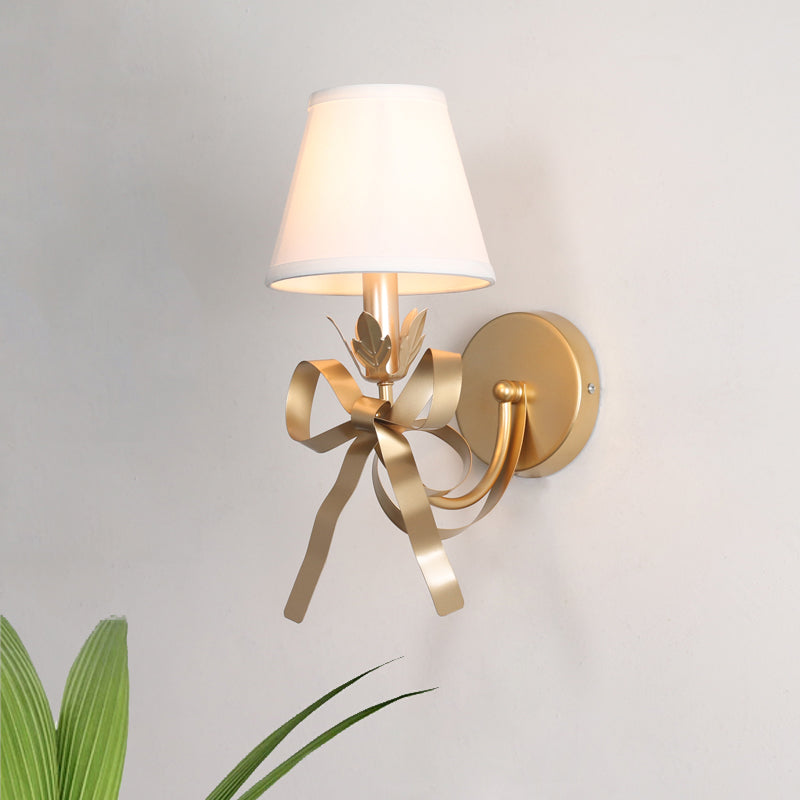 Gold Swag Sconce Lighting Contemporary 1 Bulb Metal Wall Mounted Lamp with Ribbon Decor and Fabric Lampshade