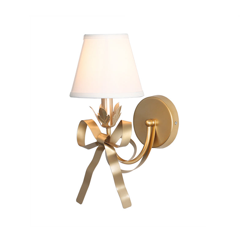 Gold Swag Sconce Lighting Contemporary 1 Bulb Metal Wall Mounted Lamp with Ribbon Decor and Fabric Lampshade