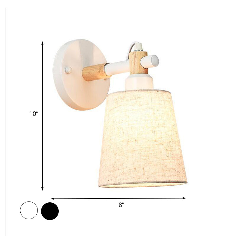 Nordic Horn Shade Fabric Wall Lamp 1-Light Sconce Light Fixture in Black/White with Wood Joint