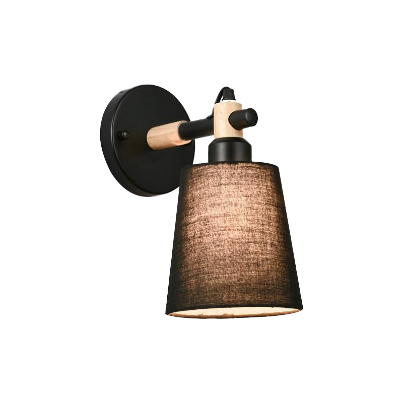 Nordic Horn Shade Fabric Wall Lamp 1-Light Sconce Light Fixture in Black/White with Wood Joint