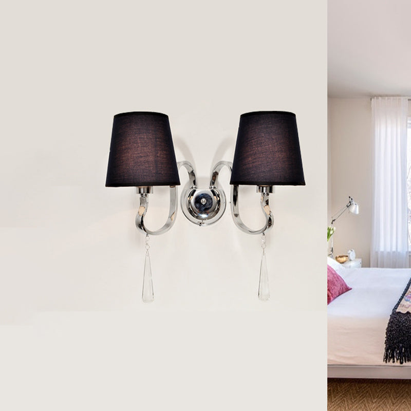 Black Taper Shade Wall Mount Light Modern 2-Bulb Fabric Sconce Fixture with Stainless Steel Wavy Arm and Crystal Drop