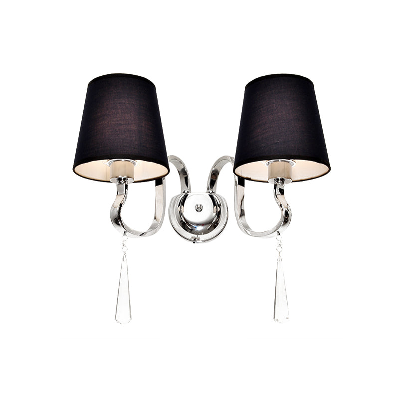 Black Taper Shade Wall Mount Light Modern 2-Bulb Fabric Sconce Fixture with Stainless Steel Wavy Arm and Crystal Drop