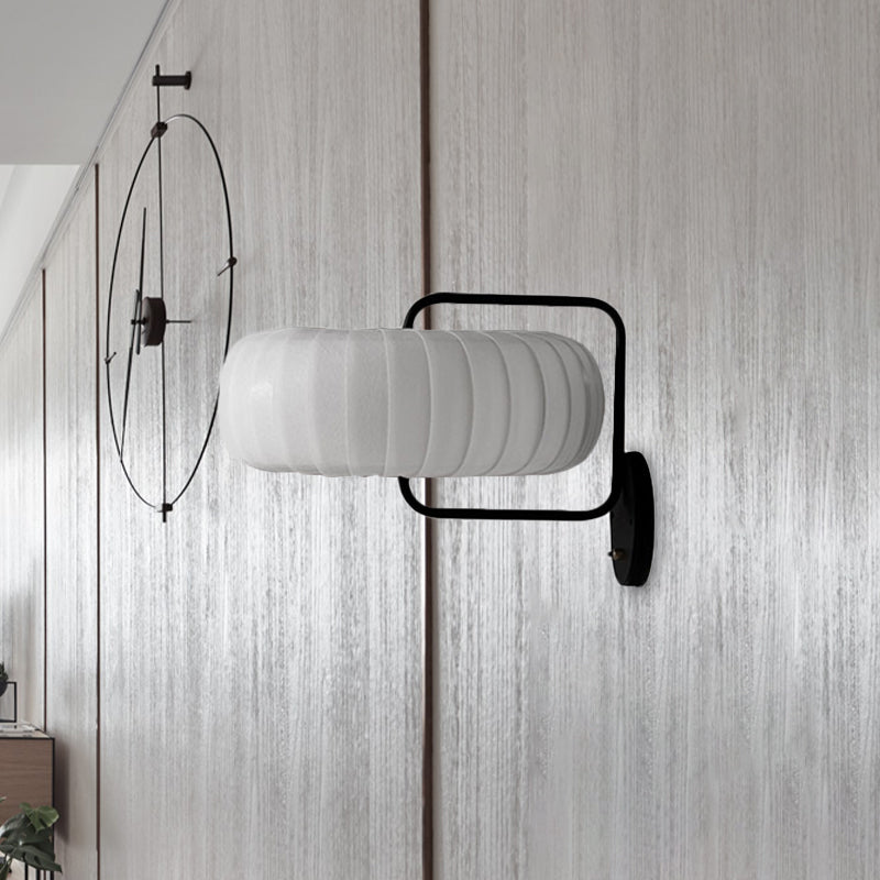 Gathered Fabric Pumpkin Wall Mounted Lamp Modern Style 3 Lights Black-White Sconce with Squared Arm