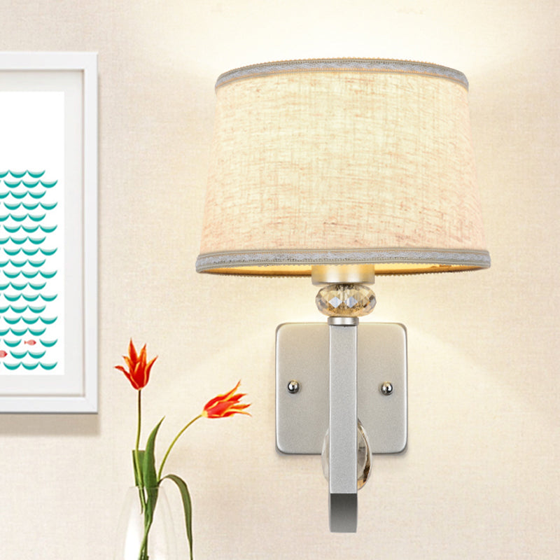 Round Shade Wall Mount Lighting Modernism 1 Head Flaxen Sconce Lamp with Nickle Swoop Arm and Crystal Accent