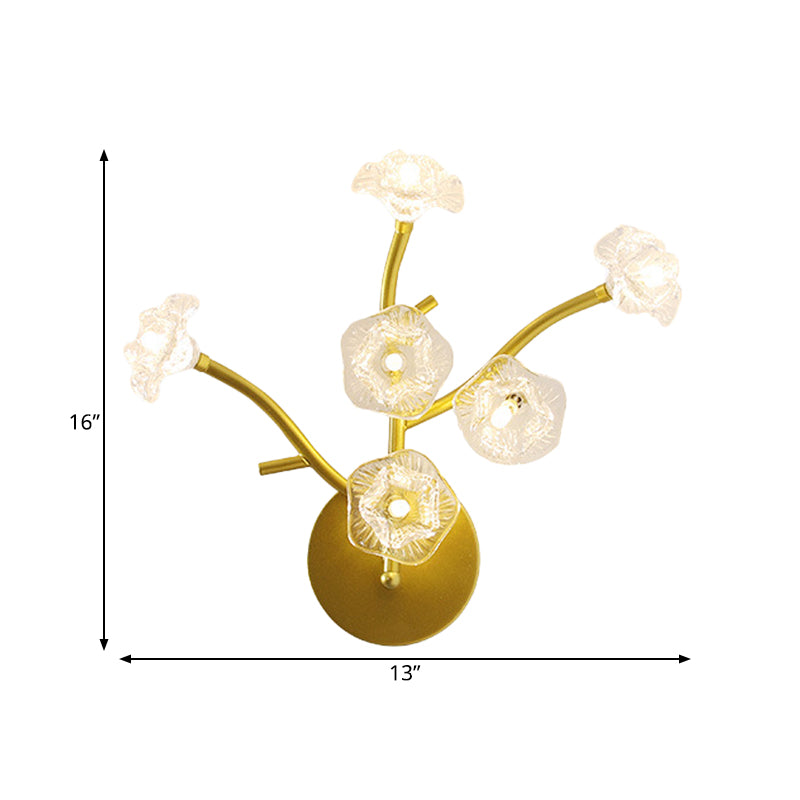 Floral Bedside Sconce Light Fixture Transparent Glass 6 Bulbs Modern Wall Mount Lamp in Gold