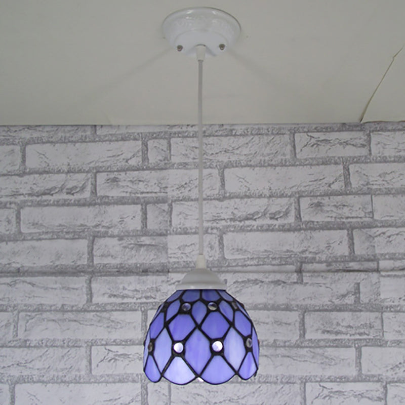 Koepelhangende verlichtingsarmatuur Tiffany Cut Glass 1 licht Beige/lichtblauw/donkerblauwe ophanging hanger voor slaapkamer