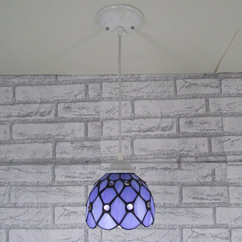 Domed Hanging Light Fixture Tiffany Cut Glass 1 Light Beige/Light Blue/Dark Blue Suspension Pendant for Bedroom