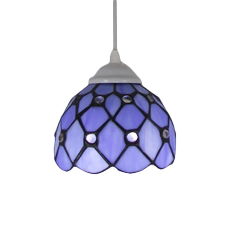Domed Hanging Light Fixture Tiffany Cut Glass 1 Light Beige/Light Blue/Dark Blue Suspension Pendant for Bedroom