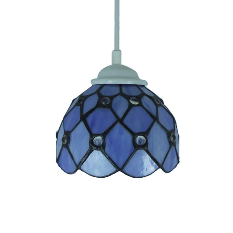 Domed Hanging Light Fixture Tiffany Cut Glass 1 Light Beige/Light Blue/Dark Blue Suspension Pendant for Bedroom