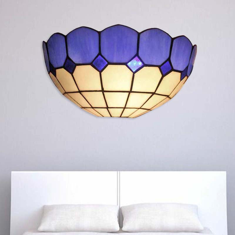 Tiffany Style Bowl Wall Sconce 2 Lights Art Glass Light Blue/Dark Blue Wall Light for Bedroom Lighting