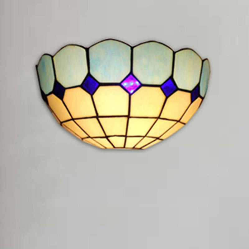 Tiffany Style Bowl Wall Sconce 2 Lights Art Glass Light Blue/Dark Blue Wall Light for Bedroom Lighting
