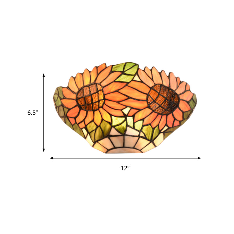 Rustic Style Orange Wall Sconce Sunflower Stained Glass 1 Light Wall Light for Restaurant